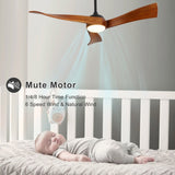 52 Inch Ceiling Fan With Dimmable 3 Color Led Light 3 Solid Wood Blades Remote Control Reversible DC W882P254266