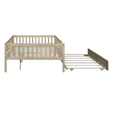 Full Size Wood Daybed with Trundle and Fence Guardrails, Natural WF301863AAN