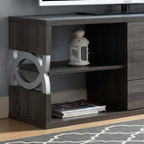 ZUN Mid- Century, Elegant 60" TV Stand with 3 Center Drawers, 4 Shelves- Distressed Grey & Silver B107130944
