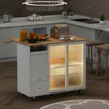 Kitchen Island with Drop Leaf, LED Light Kitchen Cart on Wheels with 2 Fluted Glass Doors and 1 Flip WF311171AAW