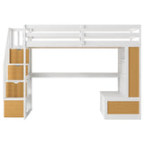Full Size Loft Bed with Desk and Shelves, Two Built-in Drawers, Storage Staircase, White and Natural 04858801