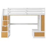 ZUN Full Size Loft Bed with Desk and Shelves, Two Built-in Drawers, Storage Staircase, White and Natural 04858801