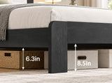 Queen Platform Bed Frame, Black Wood Look Frame with Soft Velvet , Sturdy Wood Slat Support System, W636P557221