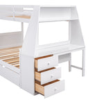 ZUN Twin over Full Bunk Bed with Trundle and Built-in Desk, Three Storage Drawers and Shelf,White 26505764