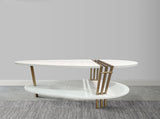 36 Inch Modern Coffee Table, Oval Elliptical Shape, White Mango Wood With Antique Brass B056P161686