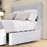 Queen Size Bed Frame with 4 Storage Drawers and Wingback Headboard, Button Tufted Design, Light Grey W1303P227896