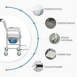 Gray Shower Commode Wheelchair, Waterproof Rolling Over Toilet Chair with Padded Seat 33724460