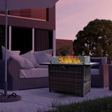 Outdoor Fire Pit 50,000 BTU Propane Gas Fire Table with Lid Fireplace with Glass Wind Guard Wicker W213P266078