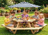 6-Seat Hexagonal Kids Picnic Table with Umbrella, Solid Fir Wood Outdoor Table & Bench Set for 81081668
