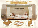 Twin Size Montessori House Floor Bed with Removable Canopy Tent, Solid Wood Kids Bed with Guardrails 41357052