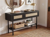 Black Rattan Console Table with Storage Cabinets & Open Shelf, 40 Inch Entryway Table with Sturdy 10366281