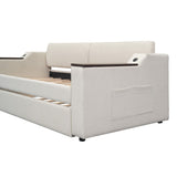 Twin Size Upholstery Daybed with Storage Arms, Trundle and USB Design, Beige 06512731