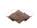 The Round Coffee Table with Glass Top and Geometric Abstract Art Deco Base Storage Shelves, Walnut, N735P350383D
