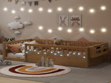 Twin Montessori Floor Bed Frame with High Rails, Wood Kids Floor Beds with Light and Storage Shelf, W2593P333571