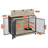 ZUN Furniture Style Dog Crate Side Table With Rotatable Feeding Bowl, Wheels, Three Doors, Flip-Up Top W1820106191