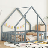 Full Wood House-Shaped Floor Bed with Fence, Guardrails,Grey W504P143293