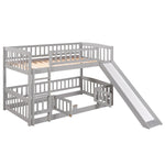 ZUN Bunk Bed with Slide,Twin Over Twin Low Bunk Bed with Fence and Ladder for Toddler Kids Teens Grey 39928459