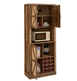 76-Inch Tall Rustic Oak Color Farmhouse Kitchen Faux Rattan Wine Cabinet, Kitchen Bar Cabinet with W2702P183964