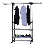 ZUN Dual Bars Horizontal & Vertical Telescope Style 3 Tiers Stainless Steel Clothing Garment Shoe Rack B 14578480