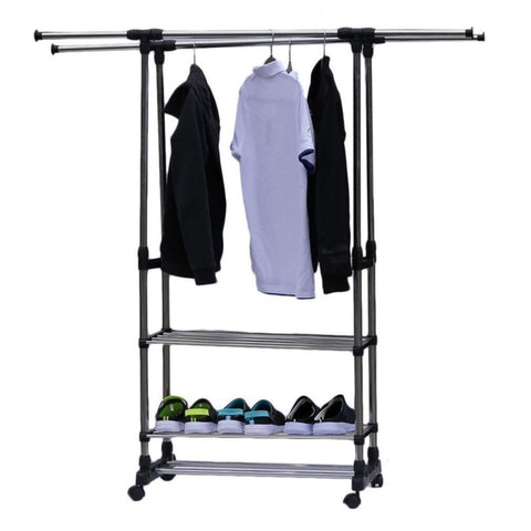 ZUN Dual Bars Horizontal & Vertical Telescope Style 3 Tiers Stainless Steel Clothing Garment Shoe Rack B 14578480