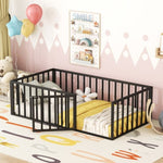 ZUN Twin Size Metal Floor Bed Frame with Fence and Door, Black 72444433