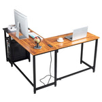 ZUN L-Shaped Desktop Computer Desk with Power Outlets & Shelf Tiger wood 55143353