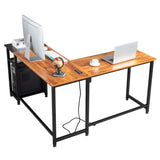 ZUN L-Shaped Desktop Computer Desk with Power Outlets & Shelf Tiger wood 55143353