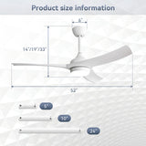 52 Inch Modern White Ceiling Fan with 18W LED Light and Remote Control 3 ABS Blades Noiseless W934P285766