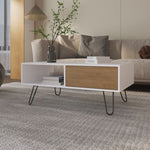 ZUN Gramling Coffee Table with a Drawer and Hairpin Legs, White + Natural Oak B128P263712