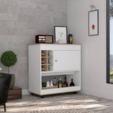 Lotus Bar Cart, Six Bottle Cubbies, One Cabinet, Four Casters, Light Oak / White B097133069