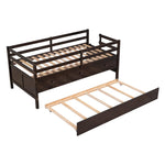 ZUN Low Loft Bed Twin Size with Full Safety Fence, Climbing ladder, Storage Drawers and Trundle Espresso WF312991AAP