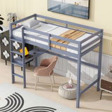 Twin High Loft Bed, Rubber Wood Loft Bed with Safety Guardrail, built-in desk, ladder,Grey W504P206978