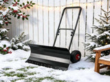 29 Inch Metal Snow Pusher with Wheels Adjustable Handle 5 Angle Blade Snow Shovel for Driveway Black 33611706