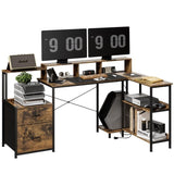 L Shaped Gaming Desk with File Drawer, 73" Reversible L Shaped Computer Desk with Power Outlet & LED 35045150