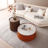 (NOT available on wayfair) 31.5inch Coffee Table, Marble TopOrange Saddle Leather BodyIron Frame W876107735