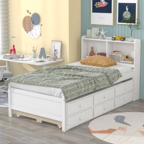 ZUN Twin Bed with Bookcase,Twin Trundle,Drawers,White 53778862