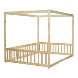 Full Size Canopy Frame Floor Bed with Fence, Guardrails,Natural W504P143283