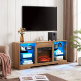 TV Stand Electric Fireplace Glass Shelves, 3D Fireplace TV Stand with LED Lights Wood with USB W1758P215083