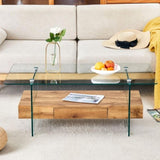 ZUN 43.3 Inch Modern Two-Tier Coffee Table - Clear Tempered Glass and Natural Wood Grain, W1151P232622