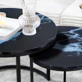 Set 2 Coffee Table Nesting Black top Black Frame Circular Round and Marble Pattern Wooden Tables, 62287079