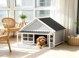 Wooden Dog House with Porch, Outdoor Weatherproof Dog House with Tilt Roof, Front Door and Windows, 63944571