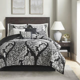7 Piece Cotton Printed Comforter Set Black Queen B03597261