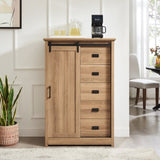 ZUN 5 Drawers Dresser w/Sliding Barn Door, Farmhouse Modern Tall Dresser 5 Chest of Drawers, Storage W2275P206614