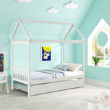 Solid Wood Twin House Bed Frame with Twin Size Trundle For White Color, No Box Spring Needed W69740991