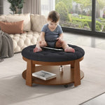 ZUN Modern Large Round Ottoman Coffee Table 2-Tier Oversized Button Tufted Ottoman with Wood Shelf N735P180224B