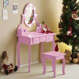 Kids Vanity Set with Mirror and Lights and Stool, 5 Storage Drawers, Pretend Play Princess Makeup 59165871