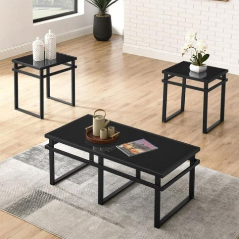 ZUN Modern 3-Piece Table Set, Includes 1 Coffee Table and 2 End Tables with BLACK Glass Top and Metal W1708P143244