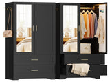 Black Wardrobe Closet with Mirror Door, 2 Doors & 2 Drawers Storage Cabinet with LED Sensor Light, 59491281