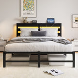 Queen Size Metal Bed Frame with Wooden Headboard, RGB Lights, Charger, Storage Shelf, Noise-Free, No W840P209907