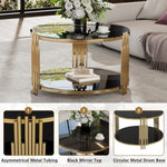 ZUN Modern Black Mirror Coffee Table, Asymmetrical Metal, Circular Metal Drum Base, Gold Finish & Lower N735P177478B